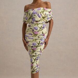 Club L London Rayleigh Tulip Floral Print Bardot Ruched Midi Dress
